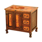 Discover the Copper Sink Vanity Cabinet—a handcrafted rustic bathroom vanity with hammered copper sink, wood frame, ample storage drawers, and multiple configuration options.