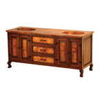 Discover the Copper Sink Double Vanity Cabinet—a handcrafted rustic bathroom vanity with hammered copper sink, wood frame, ample storage drawers, and multiple configuration options.
