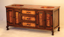 Load image into Gallery viewer, Discover the Copper Sink Double Vanity Cabinet—a handcrafted rustic bathroom vanity with hammered copper sink, wood frame, ample storage drawers, and multiple configuration options.