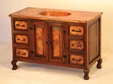 Load image into Gallery viewer, Discover the Copper Sink Vanity Cabinet—a handcrafted rustic bathroom vanity with hammered copper sink, wood frame, ample storage drawers, and multiple configuration options.
