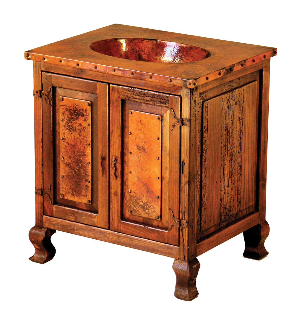 Discover the Copper Sink Vanity Cabinet—a handcrafted rustic bathroom vanity with hammered copper sink, wood frame, ample storage drawers, and multiple configuration options.