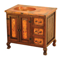 Load image into Gallery viewer, Discover the Copper Sink Vanity Cabinet—a handcrafted rustic bathroom vanity with hammered copper sink, wood frame, ample storage drawers, and multiple configuration options.