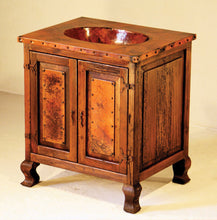 Load image into Gallery viewer, Discover the Copper Sink Vanity Cabinet—a handcrafted rustic bathroom vanity with hammered copper sink, wood frame, ample storage drawers, and multiple configuration options.