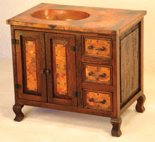 Load image into Gallery viewer, Discover the Copper Sink Vanity Cabinet—a handcrafted rustic bathroom vanity with hammered copper sink, wood frame, ample storage drawers, and multiple configuration options.