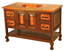 Load image into Gallery viewer, Discover the Copper Sink Vanity Cabinet—a handcrafted rustic bathroom vanity with hammered copper sink, wood frame, ample storage drawers, and multiple configuration options.