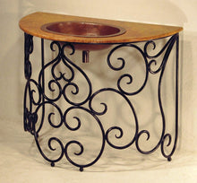 Load image into Gallery viewer, Discover the French Copper Sink Vanity, featuring a hand-hammered copper sink and ornate wrought iron base with timeless European design.