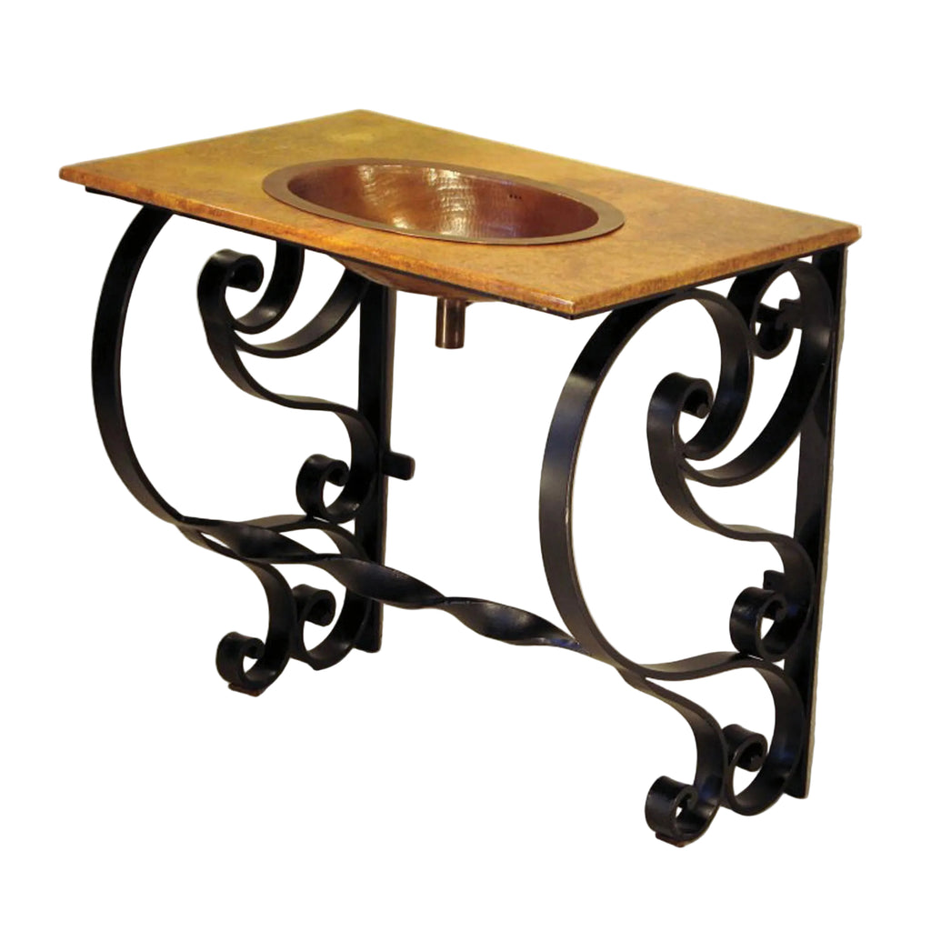 The Old Forge Copper Sink Vanity is a rustic, handcrafted bath vanity with a wrought iron base and copper sink. This one-of-a-kind vanity brings artisanal charm to any bathroom.