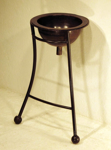 Elevate your bathroom with the Copper Sink W/Round Stand—featuring a hand-hammered copper basin and durable wrought iron base, crafted for rustic elegance.