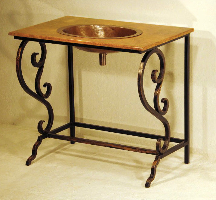 Elevate your bathroom with the Virginia Copper Sink Vanity, featuring wrought iron scrollwork and a hand-hammered copper sink. Timeless charm meets artisan craftsmanship.