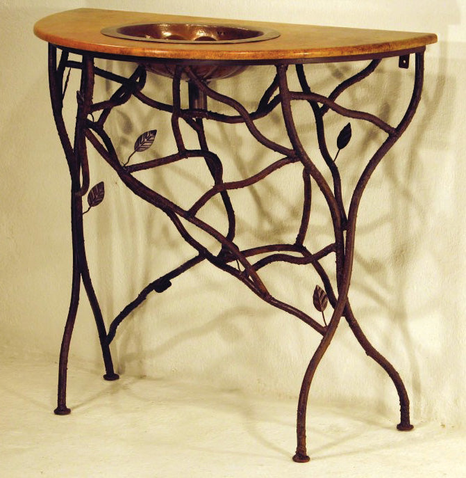 Discover the Forrest Copper Sink Vanity with a hand-hammered copper basin, organic wrought iron branch design, and copper top. A nature-inspired statement piece.