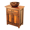 Add rustic charm to your bathroom with the Deer Valley Sink Cabinet, featuring copper accents & storage cabinets.