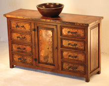 Load image into Gallery viewer, Upgrade your bathroom with the Francisco Copper Sink Vanity Cabinet. Featuring hammered copper panels, ample storage, and multiple configurations, this rustic copper vanity blends beauty and functionality.