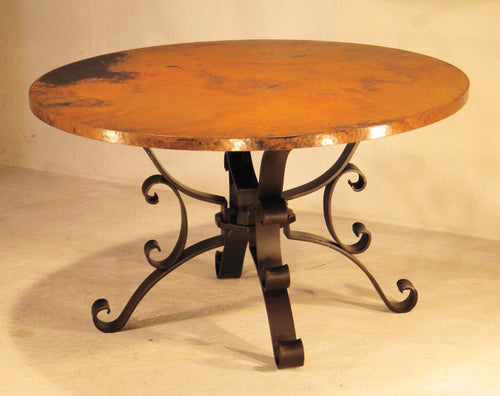 Elevate your dining space with our Round Copper Dining Table, crafted with a hand-hammered copper top and a hand-forged wrought iron base. Offered in multiple standard sizes and fully customizable to fit your home perfectly.