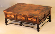 Load image into Gallery viewer, Discover the handcrafted 6-Drawer Copper Coffee Table with a Pablo wrought iron base. Features a hammered copper top, solid wood frame, and six drawers for stylish storage. Perfect rustic centerpiece for any living room.