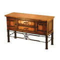 Wooden sideboard with metal legs on a plain background