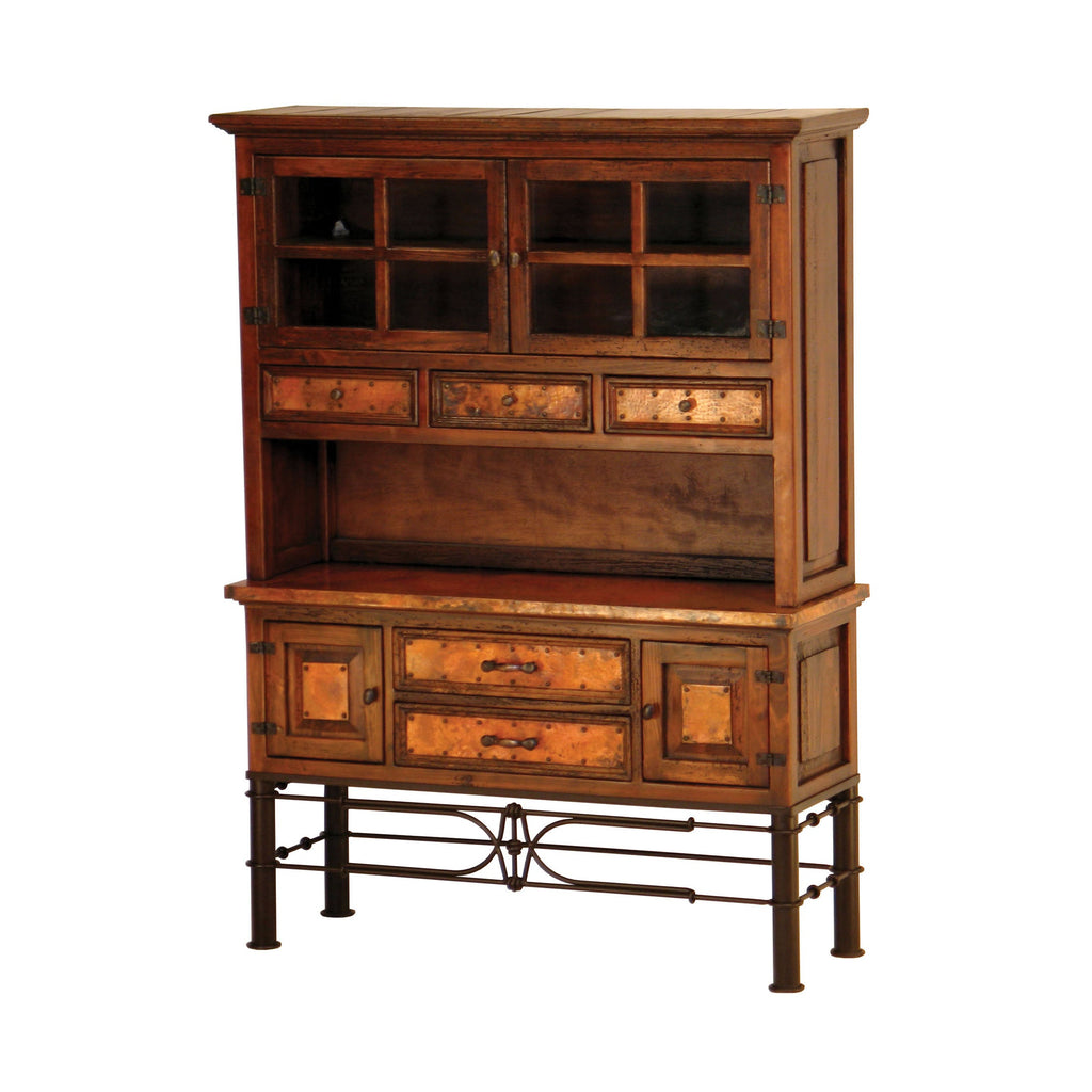 Wooden buffet cabinet with glass doors and metal accents on a white background