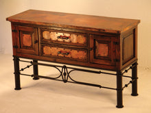 Load image into Gallery viewer, Discover the Francisco Copper Console with Pablo Base, available as a standalone rustic buffet or with an optional copper-accented storage hutch. Perfect for dining rooms or living spaces, this handcrafted piece blends wood, copper, and iron for timeless elegance.