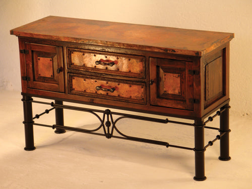 Discover the Francisco Copper Console with Pablo Base, available as a standalone rustic buffet or with an optional copper-accented storage hutch. Perfect for dining rooms or living spaces, this handcrafted piece blends wood, copper, and iron for timeless elegance.