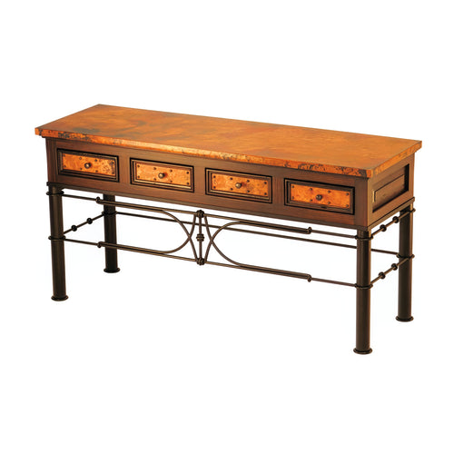 Discover the rustic elegance of our 4-Drawer Copper Console w/ Pablo Base, featuring hand-hammered copper panels, solid wood craftsmanship, and wrought iron detailing. A timeless blend of durability and Southwestern style.