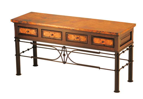 Discover the rustic elegance of our 4-Drawer Copper Console w/ Pablo Base, featuring hand-hammered copper panels, solid wood craftsmanship, and wrought iron detailing. A timeless blend of durability and Southwestern style.