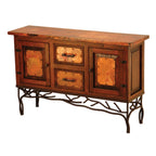 The 2-Door / 2-Drawer Copper Console with Twig Base – handcrafted with hammered copper panels, a solid wood frame, and a forged iron base.