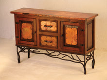 Load image into Gallery viewer, Shop the 2-Door / 2-Drawer Copper Console with Twig Base – handcrafted with hammered copper panels, a solid wood frame, and a forged iron base. Perfect rustic storage for your home.