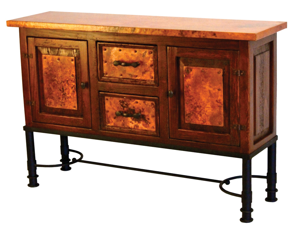 Shop the 2-Door / 2-Drawer Copper Console with Patti Base – handcrafted with hammered copper panels, a solid wood frame, and a forged iron base. Perfect rustic storage for your home.