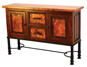 Shop the 2-Door / 2-Drawer Copper Console with Patti Base – handcrafted with hammered copper panels, a solid wood frame, and a forged iron base. Perfect rustic storage for your home.