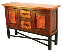 Load image into Gallery viewer, Shop the 2-Door / 2-Drawer Copper Console with Copenhagen Base – handcrafted with hammered copper panels, a solid wood frame, and a forged iron base. Perfect rustic storage for your home.