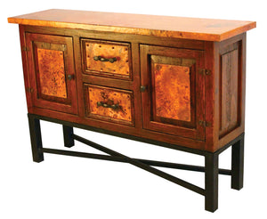 Shop the 2-Door / 2-Drawer Copper Console with Copenhagen Base – handcrafted with hammered copper panels, a solid wood frame, and a forged iron base. Perfect rustic storage for your home.