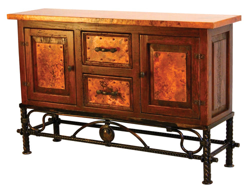 Shop the 2-Door / 2-Drawer Copper Console with Gong Base – handcrafted with hammered copper panels, a solid wood frame, and a forged iron base. Perfect rustic storage for your home.