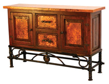 Load image into Gallery viewer, Shop the 2-Door / 2-Drawer Copper Console with Gong Base – handcrafted with hammered copper panels, a solid wood frame, and a forged iron base. Perfect rustic storage for your home.