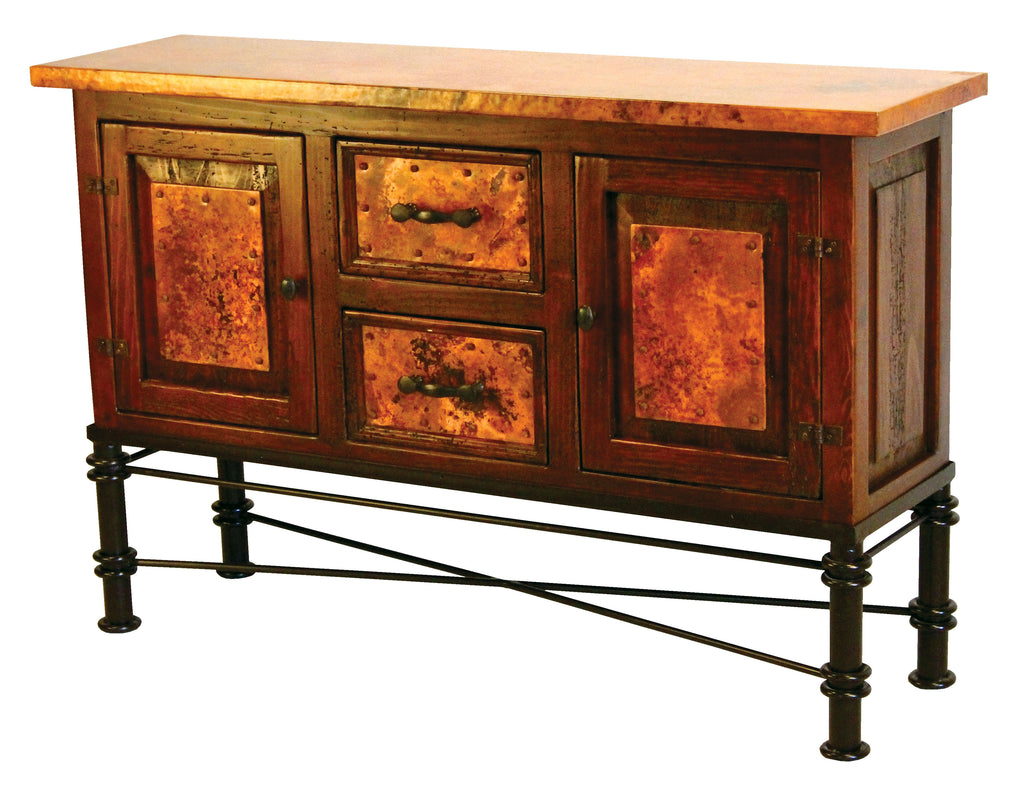 Shop the 2-Door / 2-Drawer Copper Console with Jessica Base – handcrafted with hammered copper panels, a solid wood frame, and a forged iron base. Perfect rustic storage for your home.