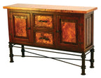 Shop the 2-Door / 2-Drawer Copper Console with Jessica Base – handcrafted with hammered copper panels, a solid wood frame, and a forged iron base. Perfect rustic storage for your home.