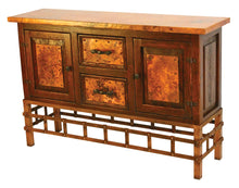 Load image into Gallery viewer, Shop the 2-Door / 2-Drawer Copper Console with Remaches Base – handcrafted with hammered copper panels, a solid wood frame, and a forged iron base. Perfect rustic storage for your home.