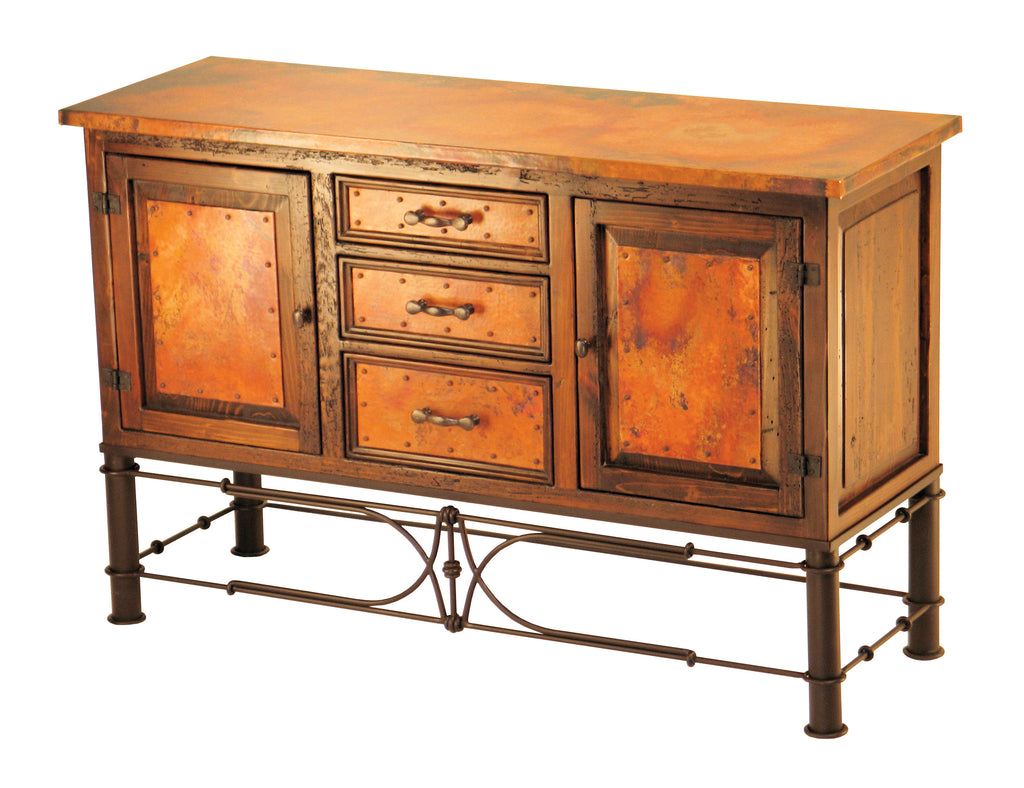 Shop the handcrafted 2-Door/3-Drawer Copper Console with Pablo Base, available with or without a matching storage hutch. Elegant copper panels, rustic wood, and iron details for timeless charm.
