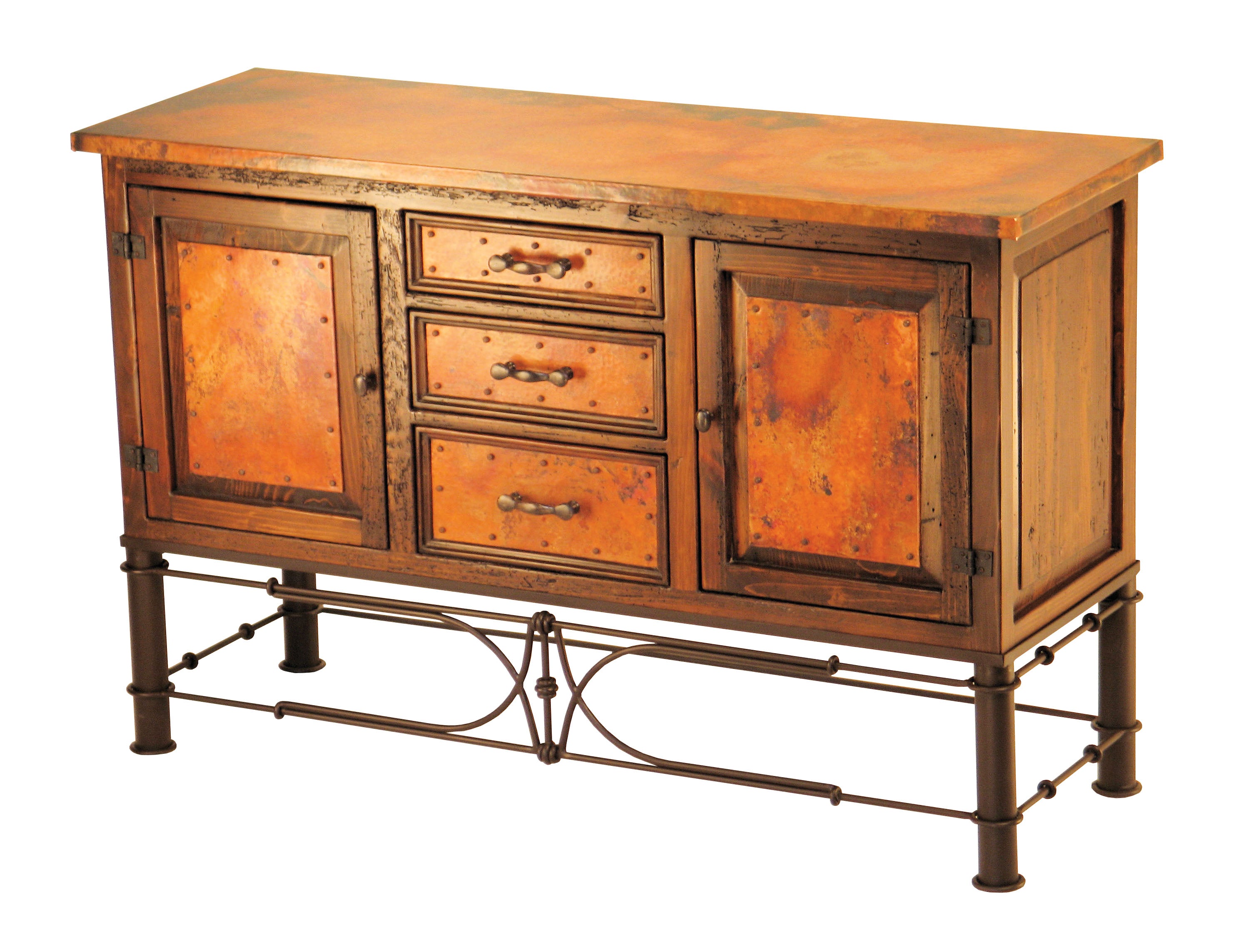 Shop the handcrafted 2-Door/3-Drawer Copper Console with Pablo Base, available with or without a matching storage hutch. Elegant copper panels, rustic wood, and iron details for timeless charm.