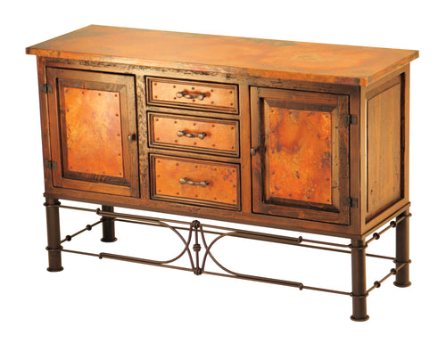 Shop the handcrafted 2-Door/3-Drawer Copper Console with Pablo Base, available with or without a matching storage hutch. Elegant copper panels, rustic wood, and iron details for timeless charm.