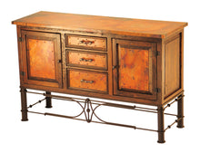 Load image into Gallery viewer, Shop the handcrafted 2-Door/3-Drawer Copper Console with Pablo Base, available with or without a matching storage hutch. Elegant copper panels, rustic wood, and iron details for timeless charm.