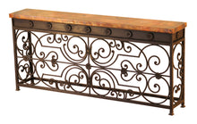 Load image into Gallery viewer, Shop the elegant Gate Copper Console Table with forged iron scrollwork and hand-hammered copper top. Available in standard and small sizes.