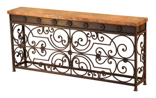 Shop the elegant Gate Copper Console Table with forged iron scrollwork and hand-hammered copper top. Available in standard and small sizes.