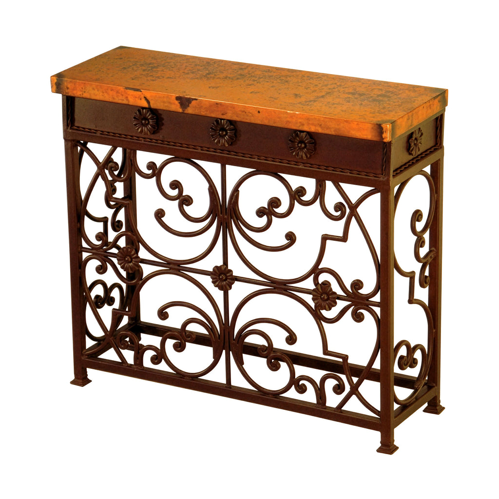 Shop the elegant Gate Copper Console Table with forged iron scrollwork and hand-hammered copper top. Available in standard and small sizes.