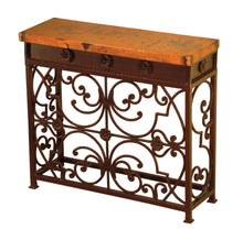 Load image into Gallery viewer, Shop the elegant Gate Copper Console Table with forged iron scrollwork and hand-hammered copper top. Available in standard and small sizes.