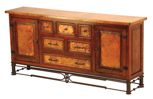 Discover the 2-Door/6-Drawer Copper Console with Pablo Base, crafted with hand-hammered copper panels and rustic wood. Perfect for adding storage and timeless elegance to your home.