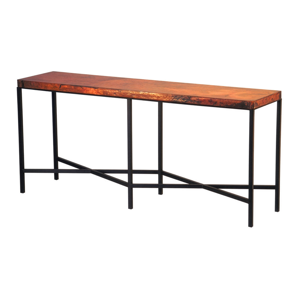 Elevate your space with the Copenhagen Copper Console Table, featuring a hand-hammered copper top and sleek iron base. Available in standard and large sizes.