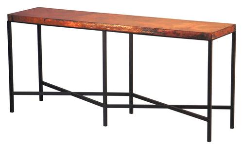 Elevate your space with the Copenhagen Copper Console Table, featuring a hand-hammered copper top and sleek iron base. Available in standard and large sizes.