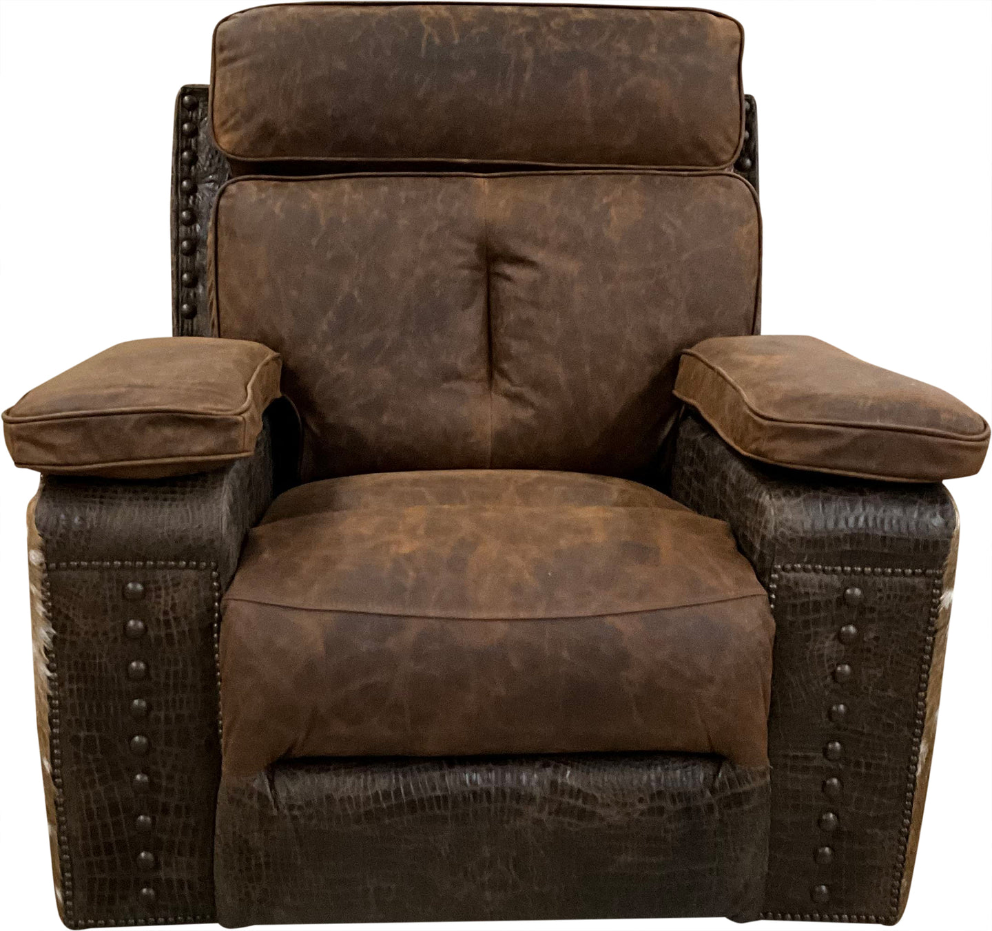 Axis Exotic Western Safari Hide & Leather Oversized Swivel Rocker Recliner