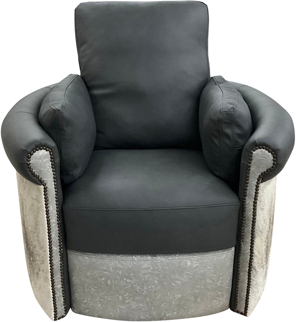 Del Mar Rolled & Rounded Arm Modern Farmhouse Western Grey Leather & Cowhide Swivel Recliner
