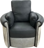 Del Mar Rolled & Rounded Arm Modern Farmhouse Western Grey Leather & Cowhide Swivel Recliner