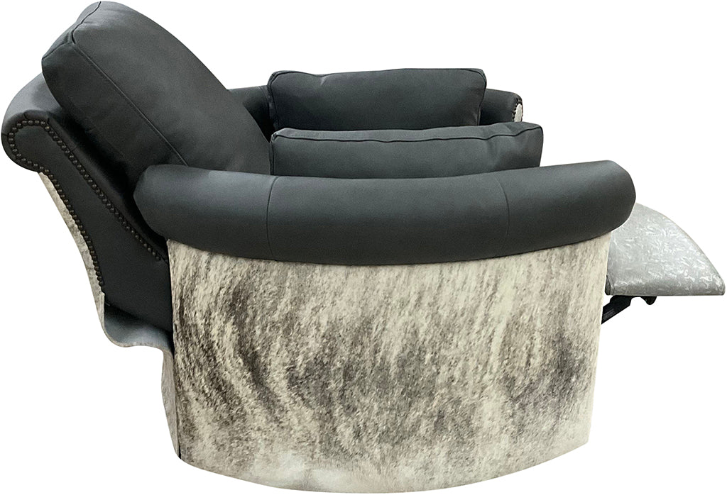 Del Mar Rolled & Rounded Arm Modern Farmhouse Western Grey Leather & Cowhide Swivel Recliner Side With Recliner Extended